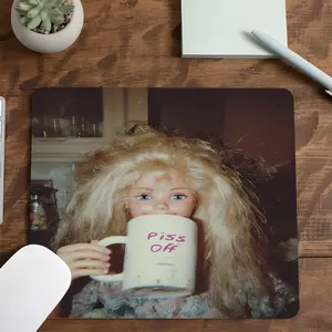 Vintage Doll Piss Off Coffee Mug Square Mouse Pad, Retro Funny Desktop Decorative Protective Pad, Rubber Anti-Slip Lockedge Work Pad, Non Slip Mousepad, Small Size Suitable for Laptop, Desktop Computer Games, Work, Home, Office, Gaming Mouse Pads