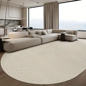1pc Geometric Art Line Living Room Plush Carpet, Home Decorative Rug, Off-white Oval Shape Fluffy Soft Balcony Non-slip Washable Shaggy Rug