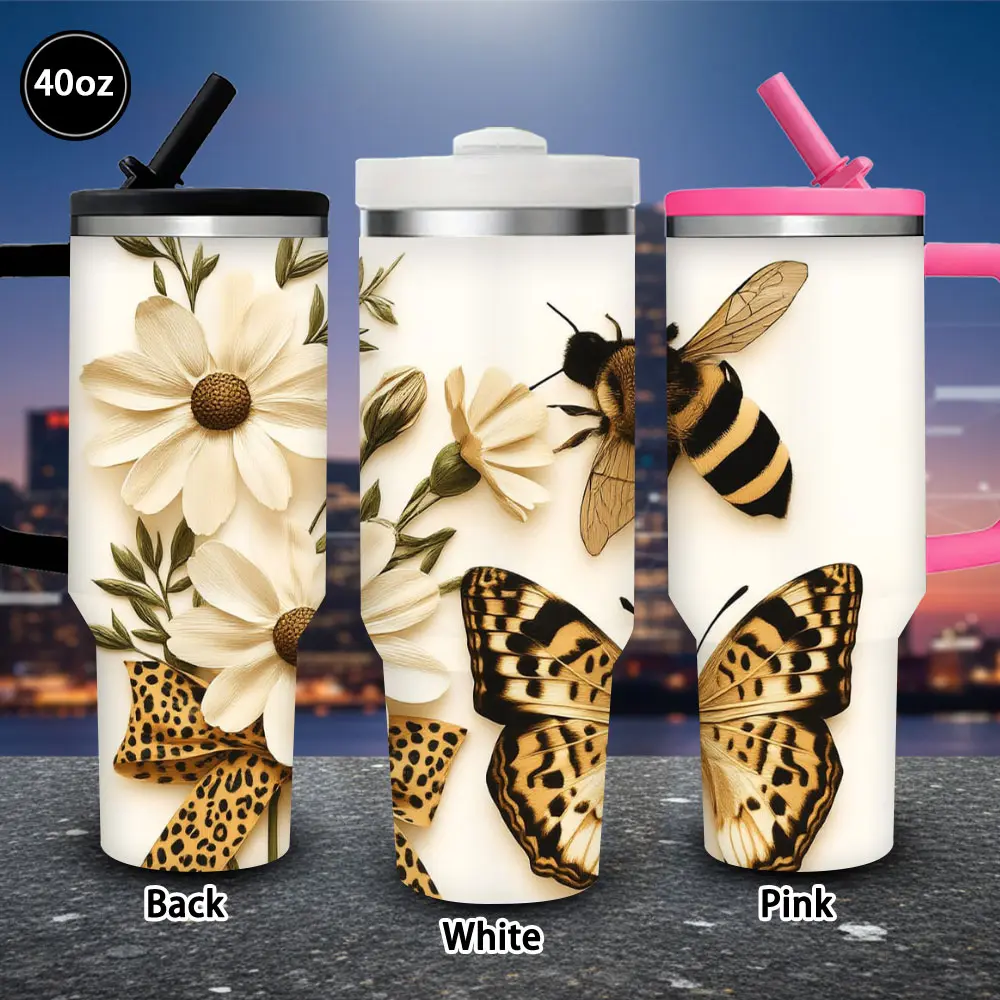 Women's 40 oz Insulated Vacuum Flask Tumbler - 1 Pc, Leopard Print & Floral Design, Lid & Straw Included, Ideal for Valentine’s Day, Easter, Birthday Gifts, Fits Iced/Hot Coffee, Birthday Gift