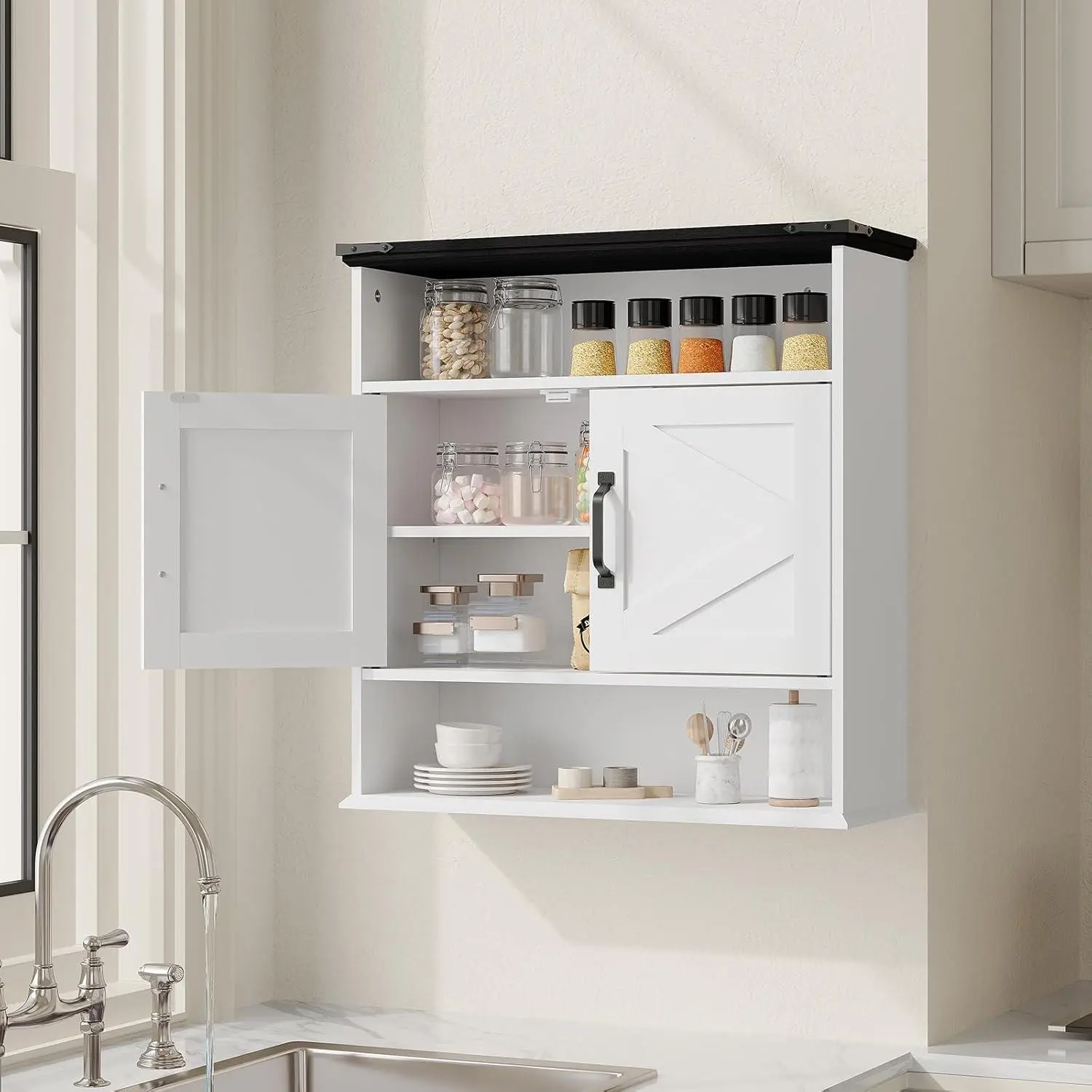 2-Tier Over Toilet Storage Cabinet, Waterproof Wooden Wall Mounted Organizer with Open & Closed Shelf, Modern Floating Cabinet for Storing, Ideal for Bathroom Kitchen Living Room Hallway