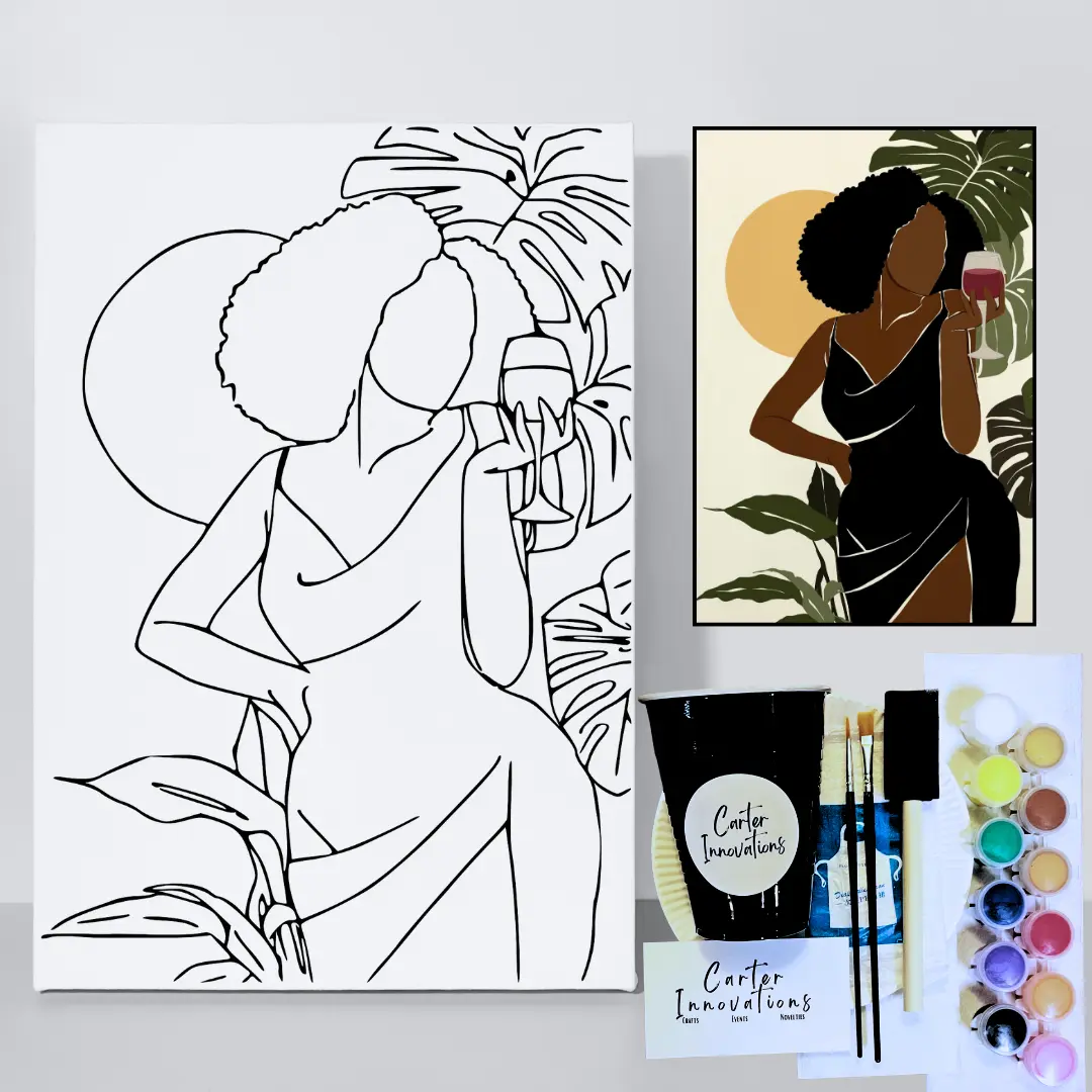 Wine Down Paint and Sip Sketched Canvas, Pre-Drawn 9x12 Canvas Panel