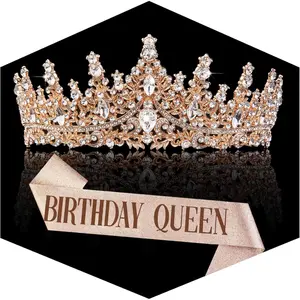 2PCS Rose Gold Crown Set for Women Crystal Princess Tiaras Rhinestone Queen Headband Wedding Bridal Hair Accessories Birthday Prom Pageant Party Coming of Age Ceremony Photo Props