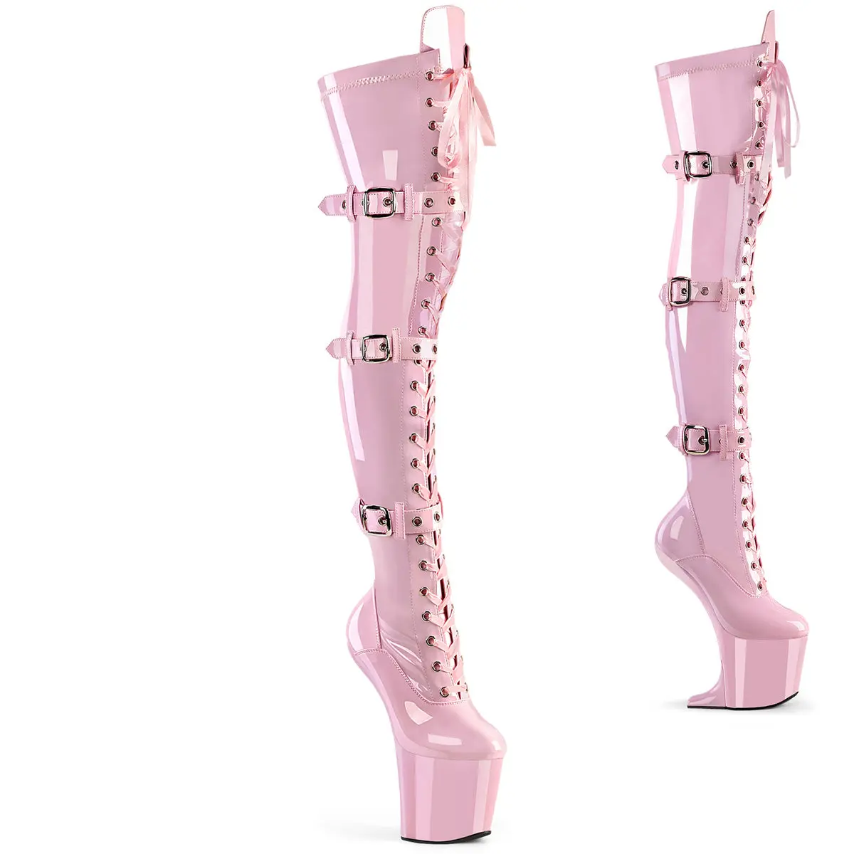 Women's 8 in Heelless Extreme Platform Thigh High Boots - Synthetic Lace-Up, Buckle, Side Zip, Convertible Wedge, Lace Accent, Fitted Silhouette Patent Shoes for Photo Shoots, Parties, Stretch Patent, Footwear, Party