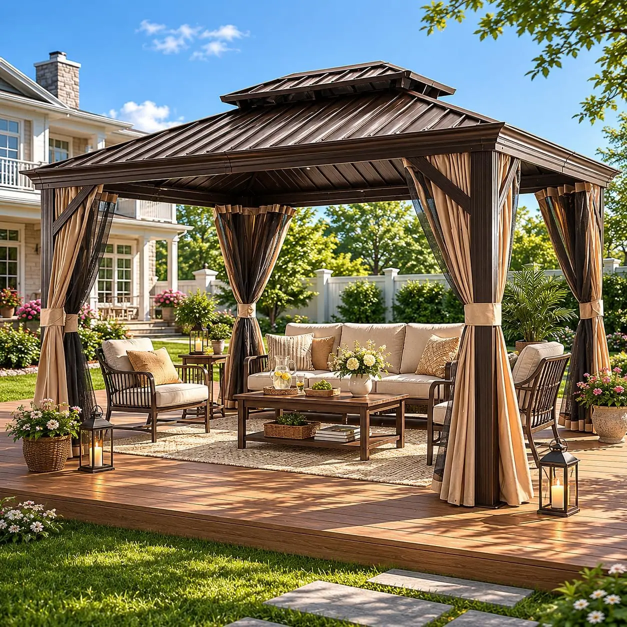 LAUSAINT HOME 10'x12'/ 12'x16'Hardtop Gazebo, Permanent Outdoor Aluminum Gazebo with Galvanized Steel Double Roof, Patio Metal Gazebo with Curtains & Netting, Backyard Pavilion for Deck, Lawn & Garden