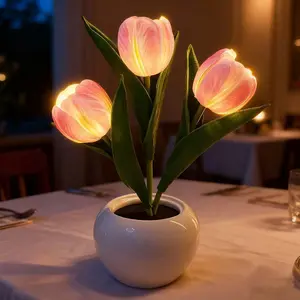 Tulip Lamp LED Simulation Tulip Night Light Fake Flower Bouquet 3 Heads with Ceramic Vase for Home Living Room Desktop Decor Bedside Lamp Manufacturer Warranty Included