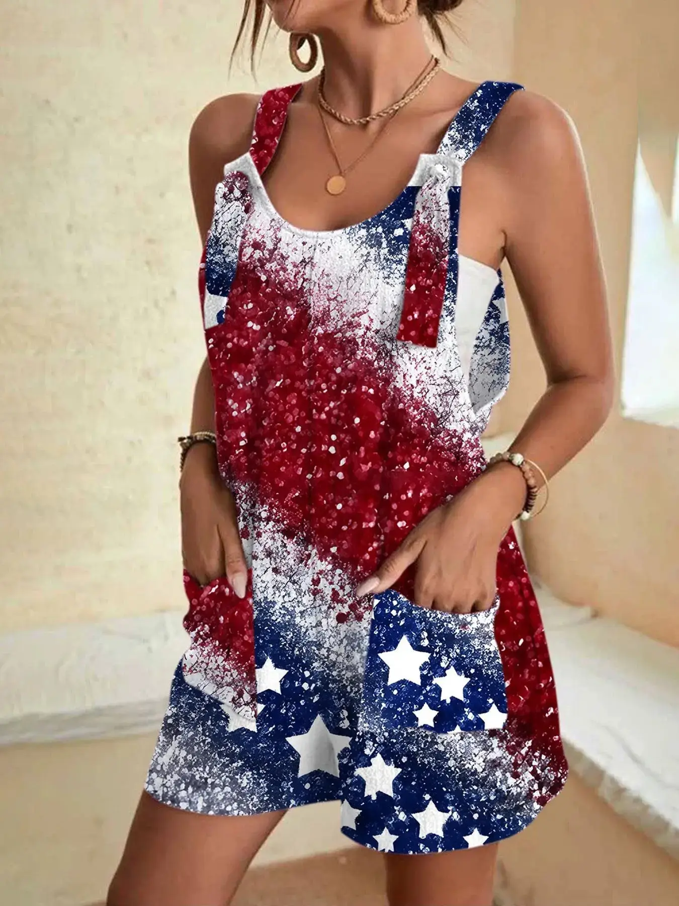 Women's Star Print Pocket Overall Dress, Casual Adjustable Strap Sleeveless Overalls for Summer, Fashion Women's Clothes for Daily Wear, Suits, Womenswear, Patriotic Jumpsuit