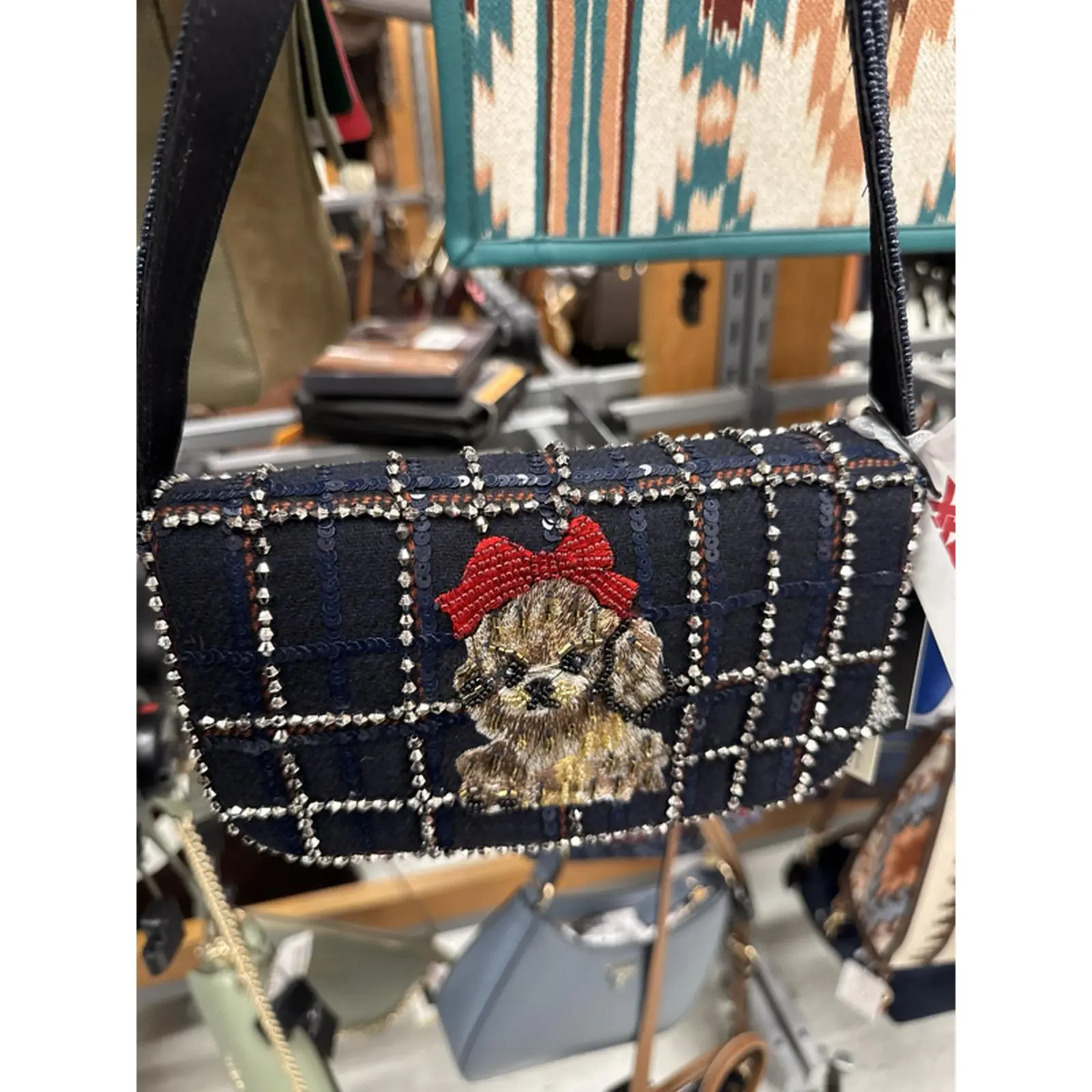 Plaid Dog Design Handbag with Red Bow and Rhinestones for Women's Fashion Accessory