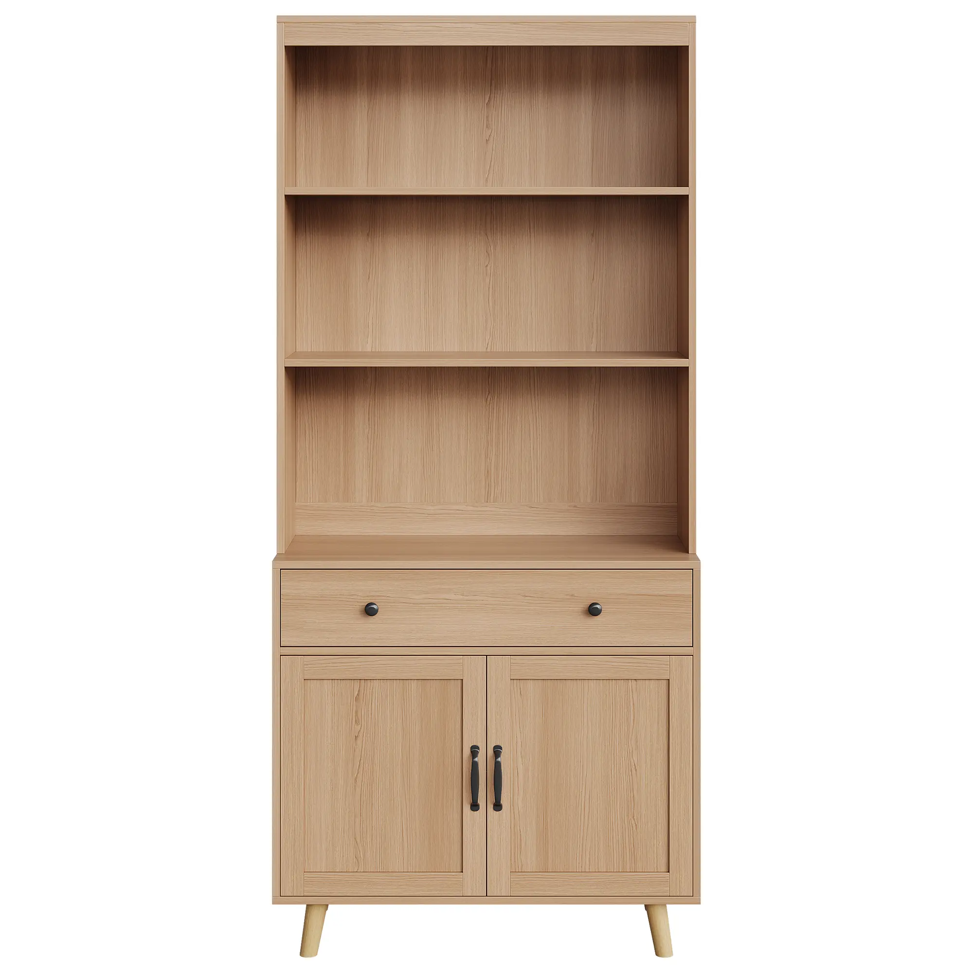 Multi-Tier Bookshelf with Doors & Drawer – 72.4" Tall Freestanding Wooden Bookcase, Storage Cabinet with Open Shelves, Ideal for Living Room, Bedroom, Office, Kitchen