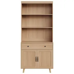 Multi-Tier Bookshelf with Doors & Drawer – 72.4" Tall Freestanding Wooden Bookcase, Storage Cabinet with Open Shelves, Ideal for Living Room, Bedroom, Office, Kitchen