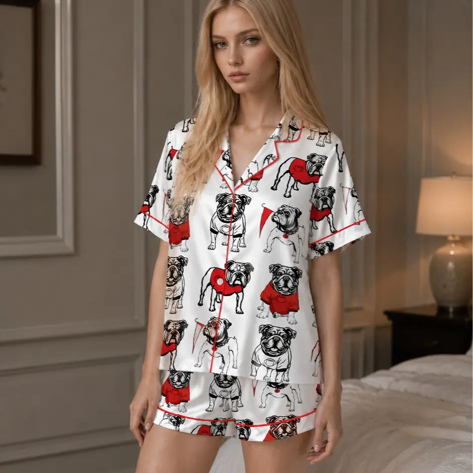 Bulldog Football Pajama Set for Women Men, Satin Short Sleeve Button Up Sleepwear, Cute Dog Print Lounge Set Gift