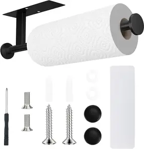 Black Stainless Steel Paper Towel Holder, Self Adhesive or Drilling for Wall Mount in Kitchen, Bathroom, Sink, Pantry & Fridge
