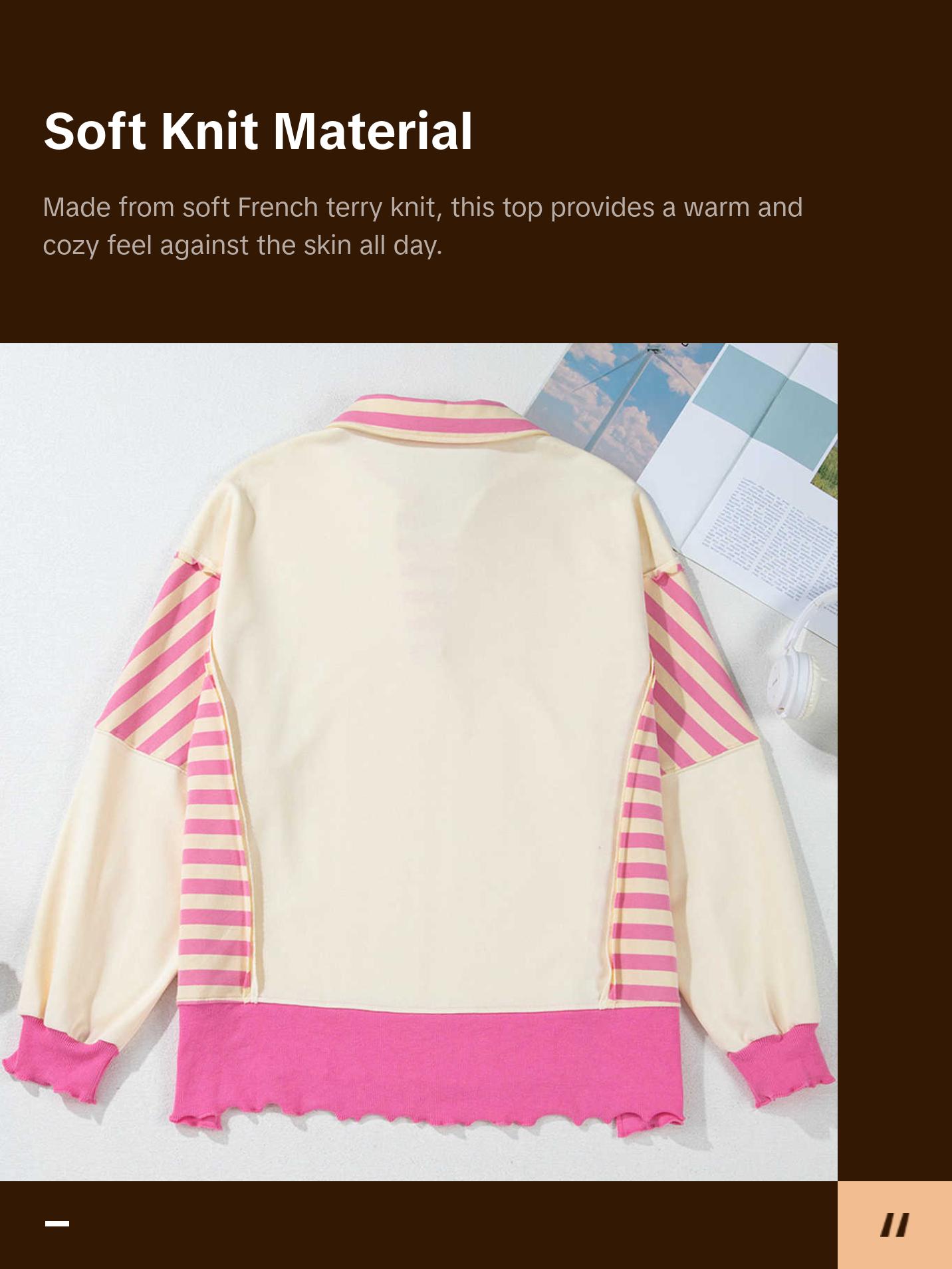 Pink Stripe Colorblock Patchwork Collared French Terry Knit Top - Soft & Warm Pullover with Polished Neckline