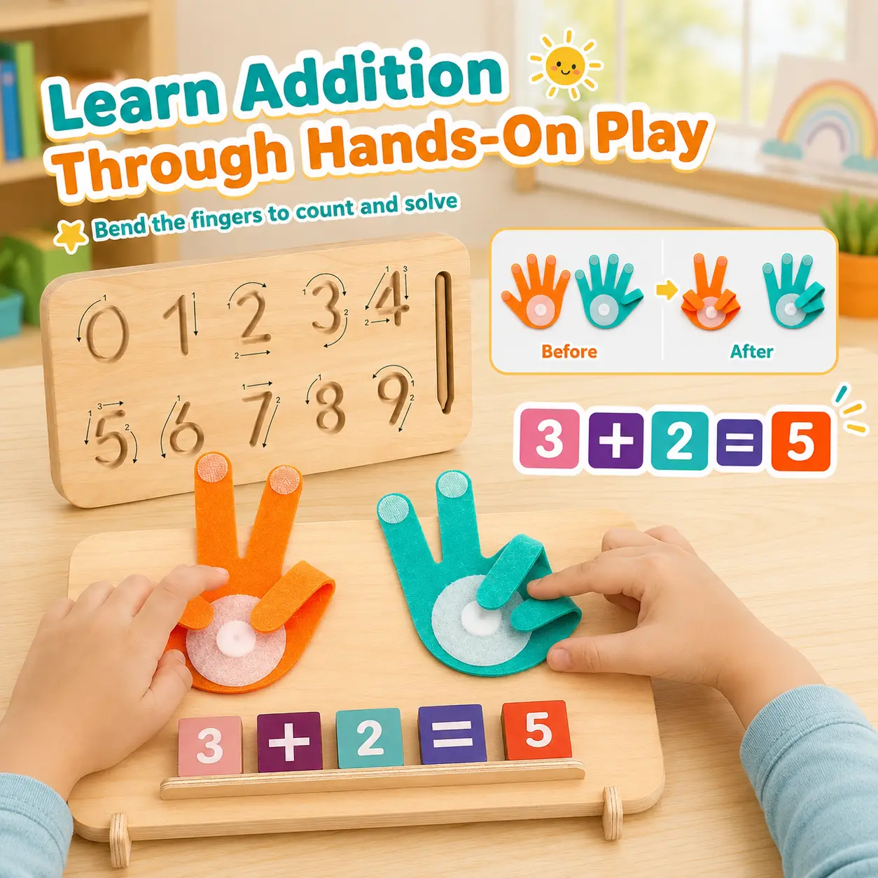 Montessori Math Counting Toy for Toddlers Ages 3-5, Wooden Finger Number Board with Math Flash Cards and Number Blocks, Hands-On Early Learning Toy for Preschool, Kindergarten and Homeschool Activities