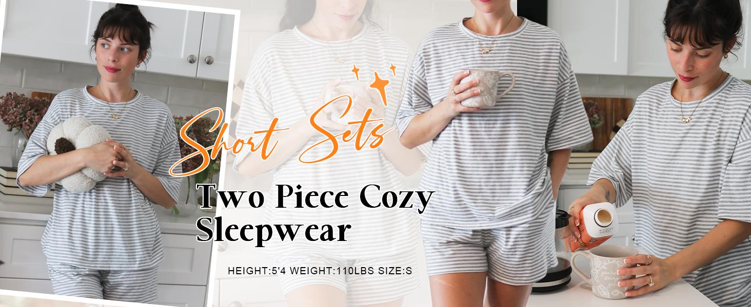 Two Piece Sets for Women Summer 3/4 Sleeve Tops and Elastic Waist Shorts Pajamas Cute Comfy Soft Lounge Striped Pjs Two Piece Sets for Women Summer 3/4 Sleeve Tops and Elastic Waist Shorts Pajamas Cute Comfy Soft Lounge Striped Pjs