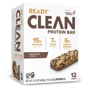Ready Chocolate Chip Protein Bars - High-Protein Snack with 15g Whey Protein - All-Natural Ingredients - 12 Bars