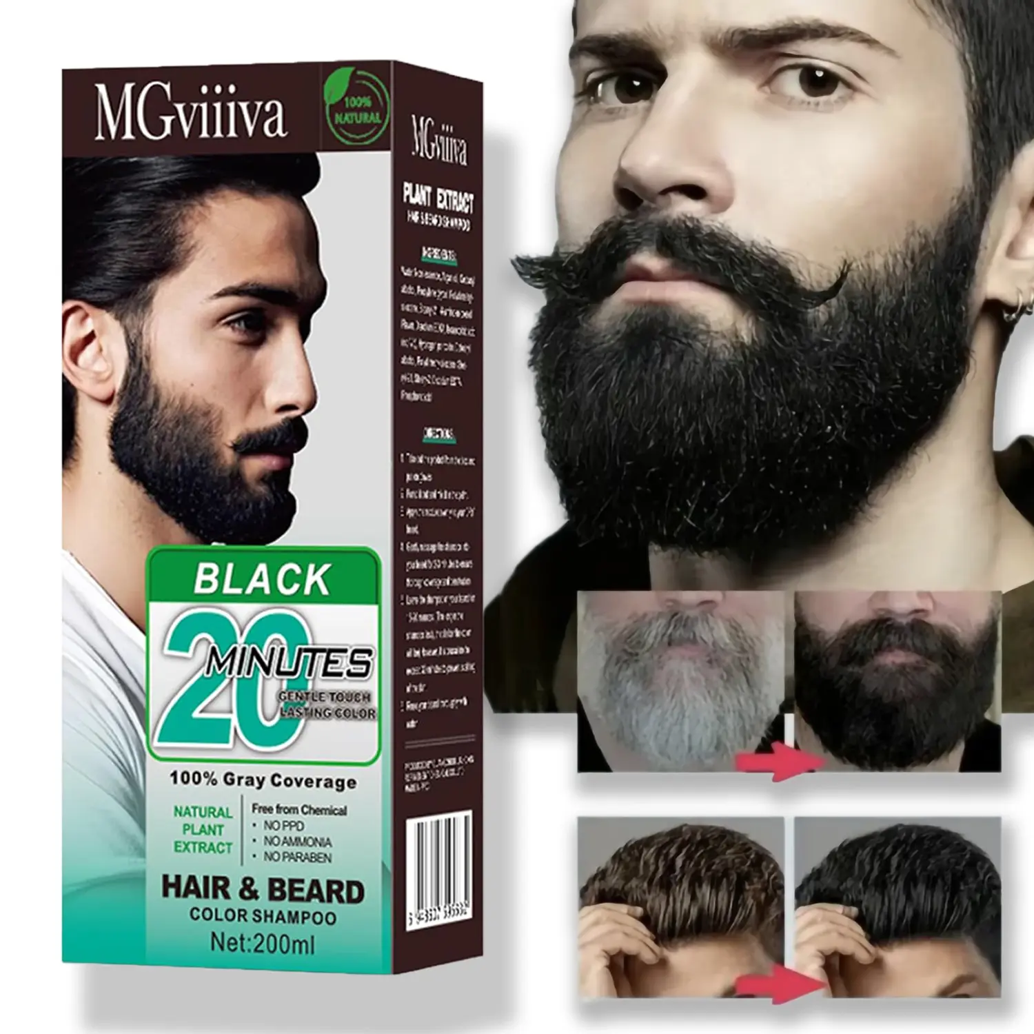 Men's 3-in-1 Black Beard & Hair Dye Shampoo, Instant Grey Darkening Beard Color Shampoo in 20 Minutes, Simpler Gray Reducing Mustache & Beard Dye for Men, No More Kit,with Plant Extract for Healthy Hair Haircare Comfort beard Care kit, 200ml