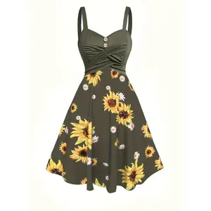 Vintage-Inspired Sunflower Print Sleeveless Dress with Button Detail - Stretchy Polyester & Elastane Blend, Machine Washable - Perfect for Spring