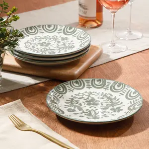 Bloomhouse - 2-Time Oprah’s Favorite Things - Valencia Flor 4 Piece Dessert & Salad Plate Set, 8.75” Stoneware Plates, Mediterranean Floral Decal Design, Microwave & Dishwasher Safe, Fern Green