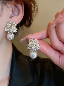 Snowflake Faux Pearl Earrings, Super Sparkling Studs, Luxurious Floral Embellished, Versatile Elegant Jewelry for Women