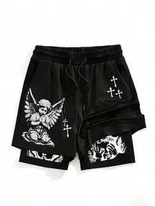 Men's Angel Print Shorts with Cross Pattern, Religious Aesthetic Style, Double Layer Streetwear for Summer Casual and Daily Gatherings