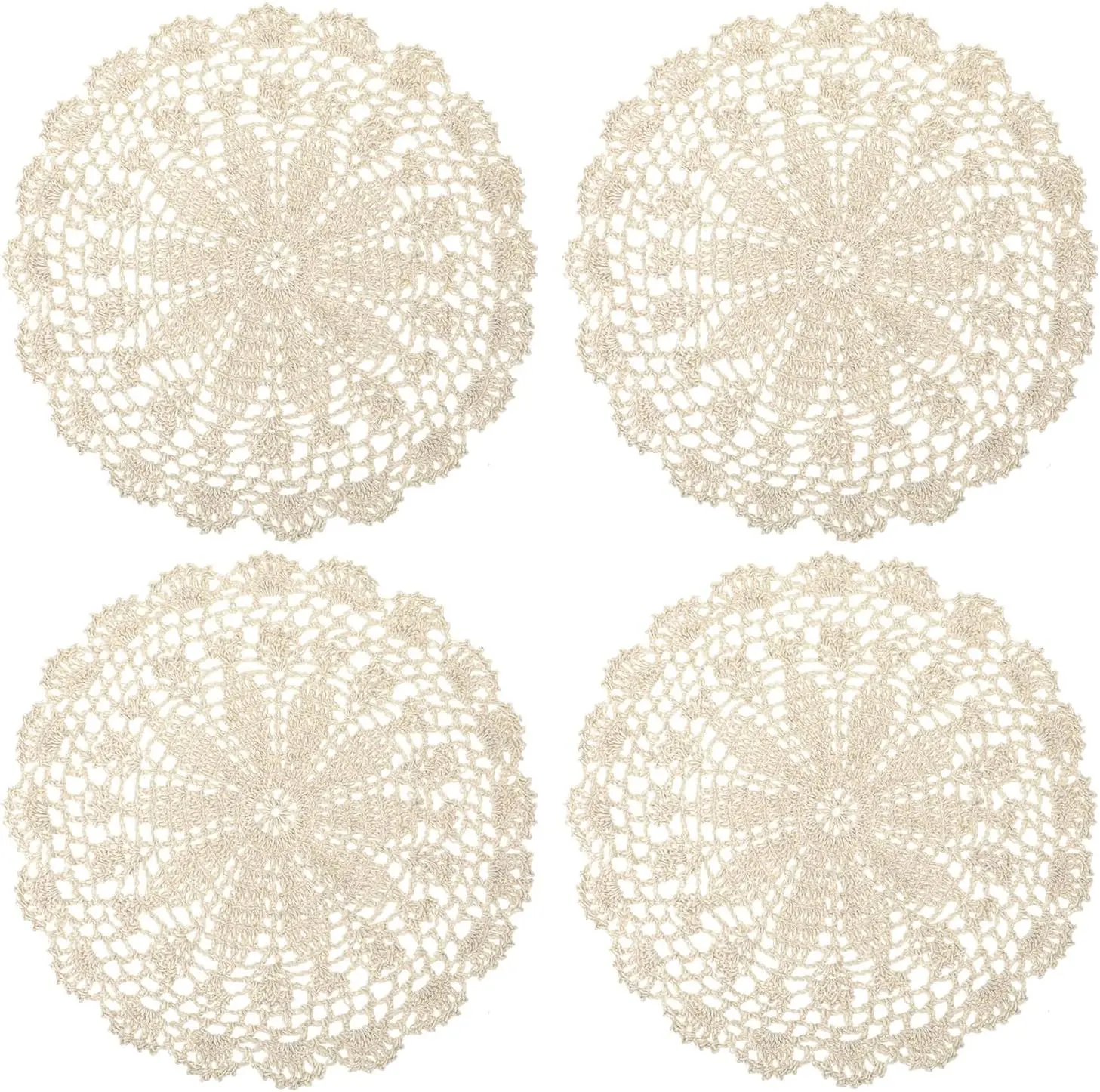 Crochet Doilies, 4 Pcs 10 Inch Beige Doilies for Tables Vintage Doilies for Furniture, Round Handmade Lace Placemats Knitted Tablecloth Corrugated Edge for Kitchen Dining Room Wedding Party Decor