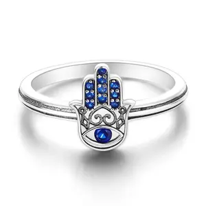 Hamsa Hand Evil Eye Ring 925 Sterling Silver Blue Sparkling CZ Lucky Protection Rings for Women Mystical Aesthetic Trendy Jewelry Gift