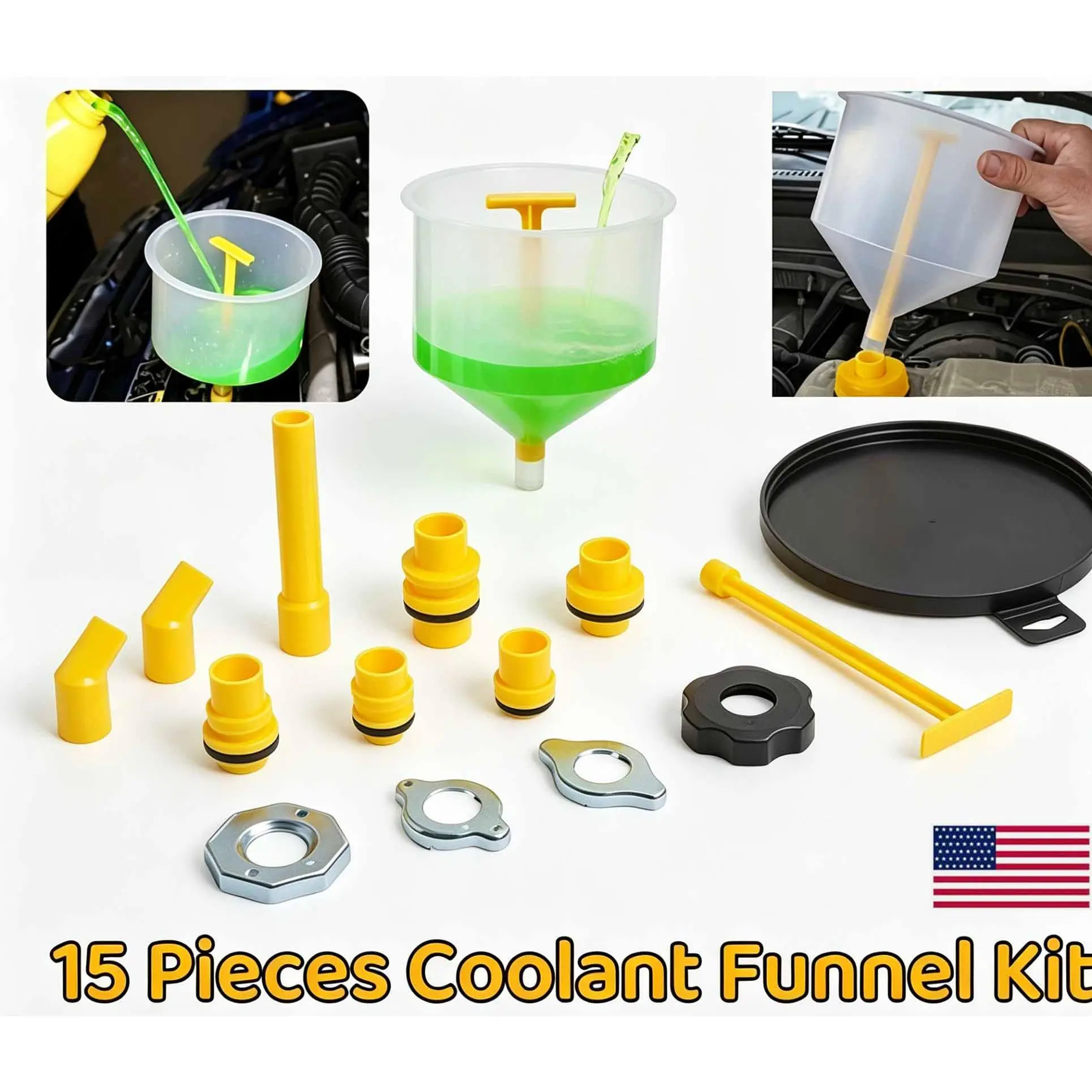 Spill-Proof Coolant Funnel Kit, 15-Piece Automotive Tool Set with Multiple Standard Sized Adapters and Stopper, Wear-Resistant Plastic for DIY Refills