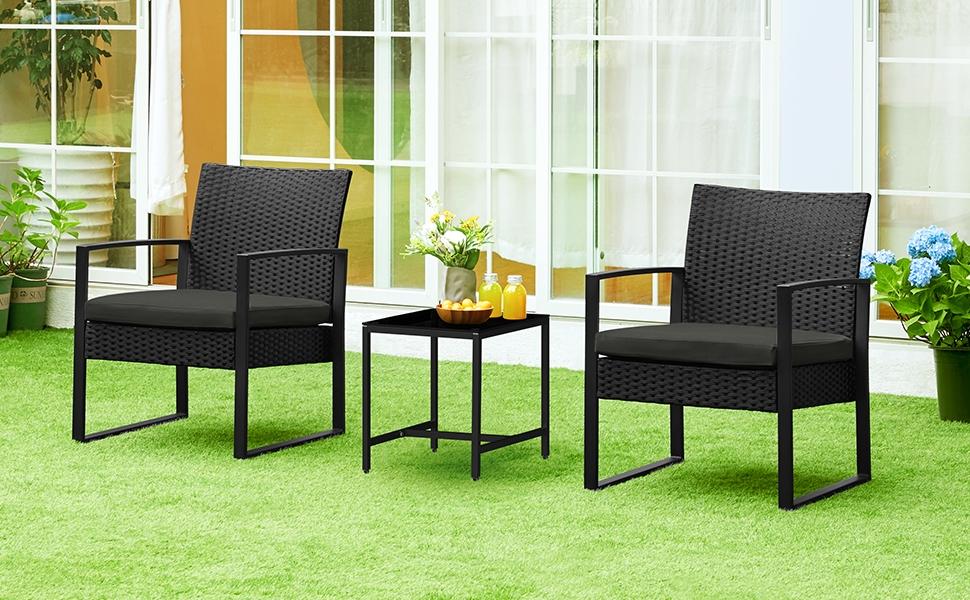 Yaheetech 3 Pieces Rattan Bistro Set, Indoor/Outdoor Wicker Patio Modern Conversation Furniture, 2 Chairs & Tempered Glass Coffee Table for Garden, Balcony, Backyard, Poolside Yaheetech 3 Pieces Rattan Bistro Set, Indoor/Outdoor Wicker Patio Modern Conversation Furniture, 2 Chairs & Tempered Glass Coffee Table for Garden, Balcony, Backyard, Poolside