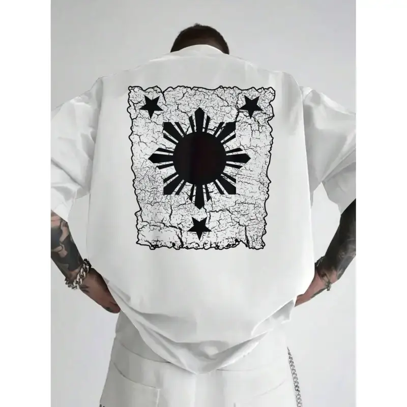 Men's Graphic Back Print T-Shirt - White Tee With Black Philippines Map Design, Breathable Summer Shirt For Everyday & Formal Wear, Machine Washable Casual Top, Versatile Clothing,  Design, Relaxed Fit