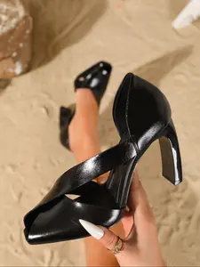 Women's New Sexy Fashion Fish Mouth Hollow Out Toe Elegant Chunky Heel High Heels, PU Leather, Plain Pattern, All Seasons, Chunky Heeled Shoe