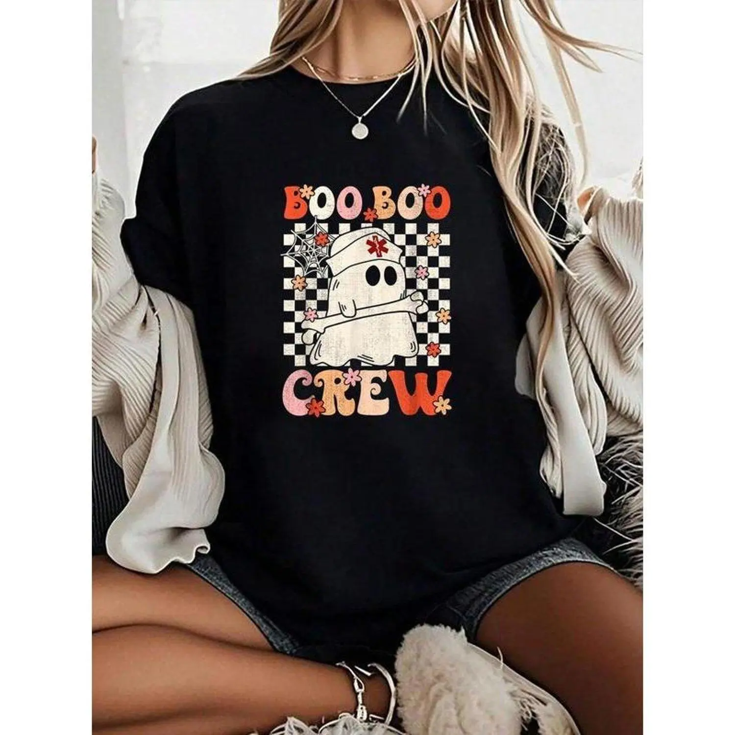 Groovy Boo Boo Crew Nurse Ghost Paramedic EMT EMS Halloween Printed Round Neck Short Sleeve T shirt Casual Tee Shirt Fashion Top