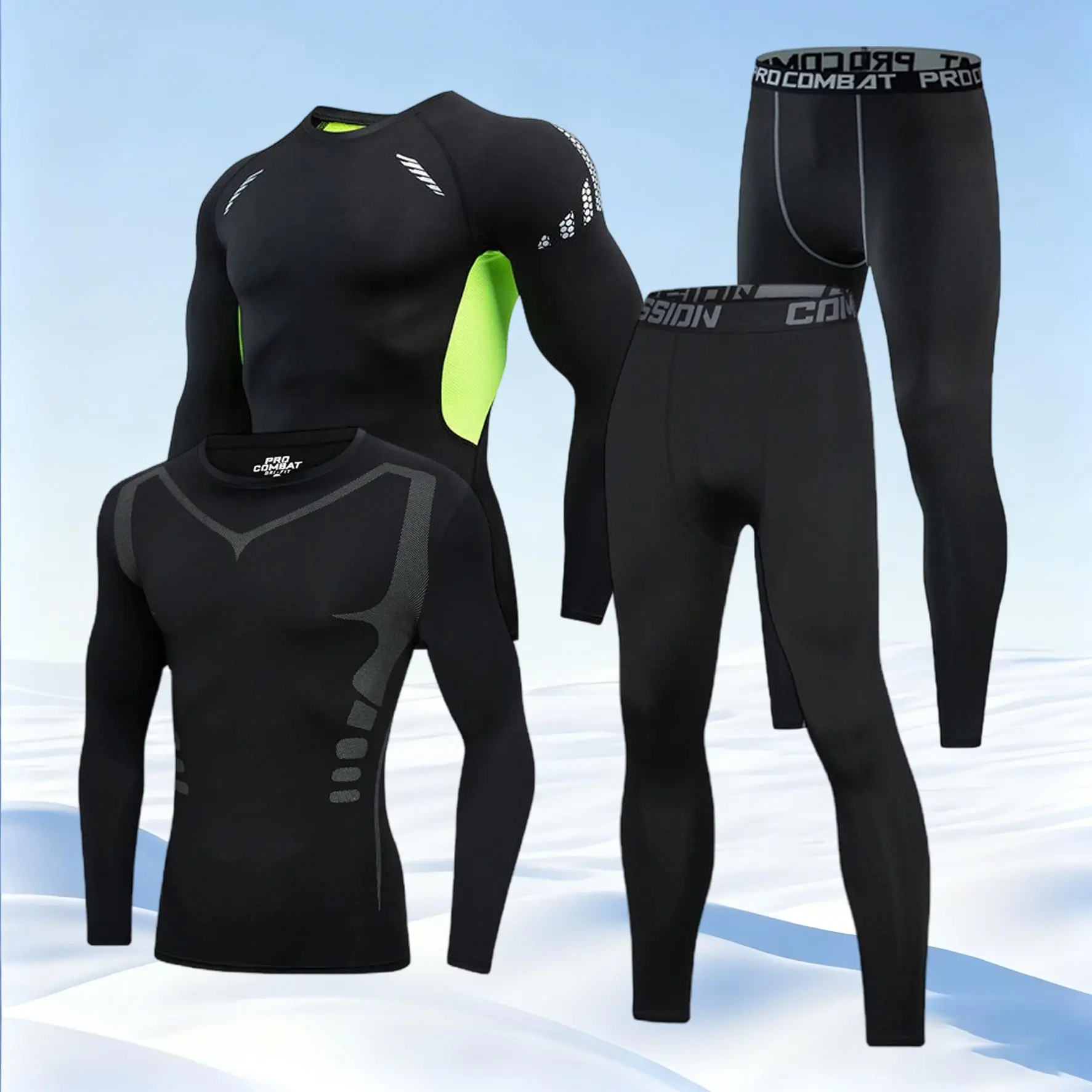 Men's 2-Piece Black Stretchy Suit Set - Breathable Long-Sleeve Compression Shirt, Quick-Drying Fitted Sportswear for Gym, Yoga Outfits, Workout Clothing, Workout Gym Clothing