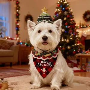 Funny Pet Christmas Hat Scarf Set- 3 PCS Adjustable,Christmas pet velvet star decoration hat,scarf and bib, elastic , festive fashion essential for handsome pets, celebration gift,Party Hat,Small and medium-sized dog elk Santa Claus costume,Plaid bib.