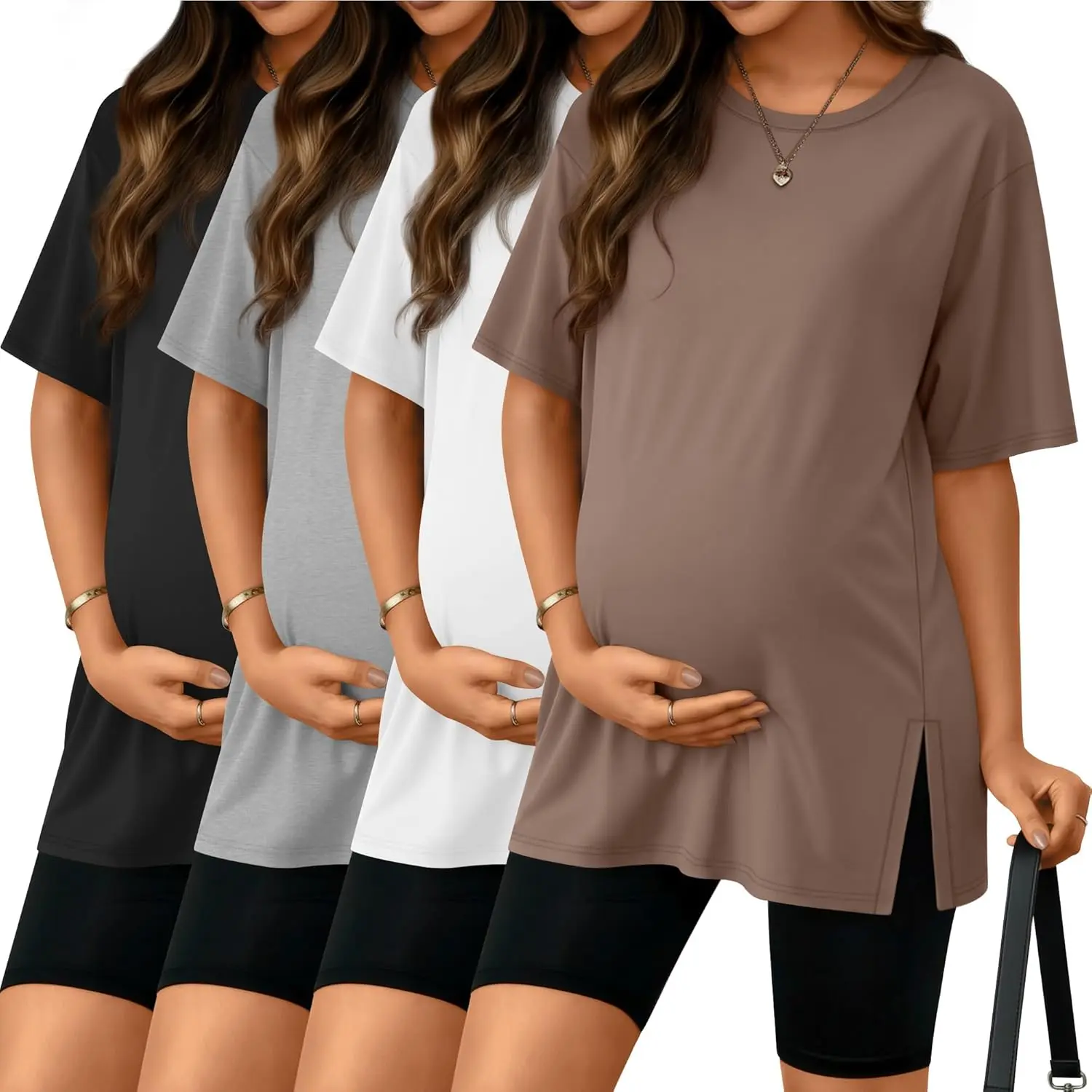 4 Pack Women's Maternity T Shirts, Short Sleeve Split Side Pregnancy Tee Loose Casual Crewneck Maternity Clothes