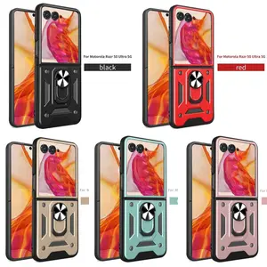 Rugged Foldable Ring Kickstand Phone Case For Motorola Razr 50 Ultra 5G | 360° Rotatable Ring Holder, Shockproof Armor Design, Non-Slip Textured Grip | Durable Protective Cover #<SJTCKBlack