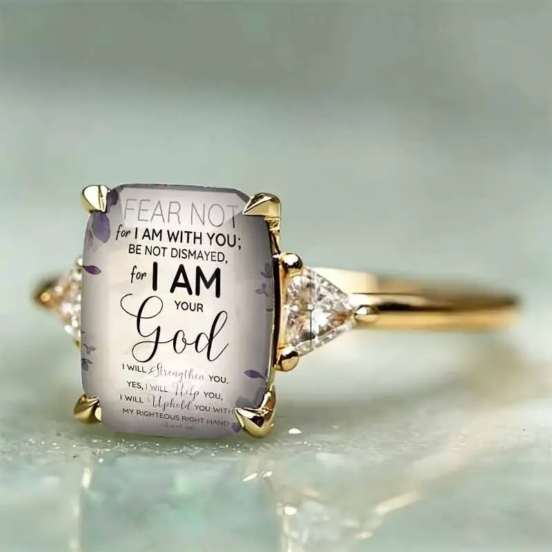 Women's Vintage Adjustable Size Scripture Print Gold-Plated Statement Ring with Cubic Zirconia, Christian Jewelry for Daily Wear, Church Gift