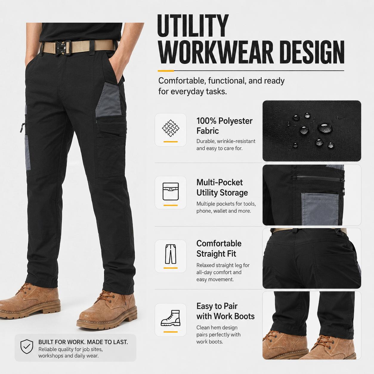 4Pack Men's Tactical Cargo Work Pants, Multi-Pocket Straight Leg Utility Trousers, Outdoor & Workwear | 1/ 2/3/4-pacs