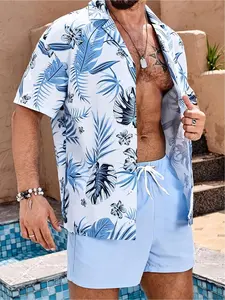 Men's 2-Piece Hawaiian Set: 3D Palm Tree Print Short Sleeve Shirt and Swim Trunks - Tropical Leaf Print in Blue and Gold, Breathable Quick-Dry Fabric, Button-Up Shirt with Tie and Drawstring Waist Swim Trunks, Suitable for Summer Vacations, Casual and For