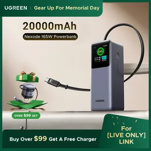 [LIVE ONLY]UGREEN Nexode Power Bank 20000mAh 165W with Built-in Retractable USB C Cable Laptop Travel Portable Charger, 100W Input, Fast Charging for MacBook Pro/Air/iPhone 17 16/iPad Pro/Galaxy S25 Ultra/Dell/HP and More,TIKTOKHOLIDAYHAUL