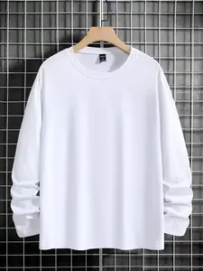 Men Solid Drop Shoulder Long Sleeve Plain Casual Tee, For Husband, For Going Out, Fall