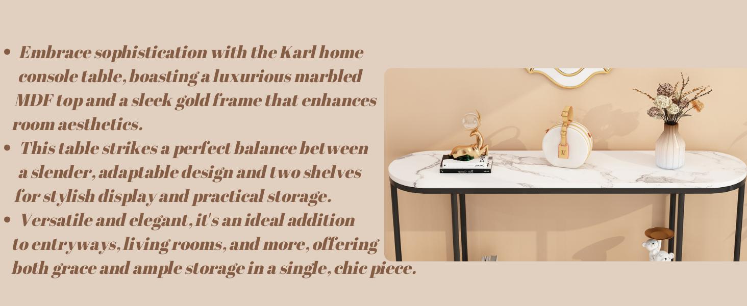 Karlhome  2-Tier Console Table for Entryway, Sofa Table with Storage Shelves White Round Faux Marbled Tabletop Black Metal Frame, Modern Behind Couch Table for Living Room Hallway Entrance Foyer
