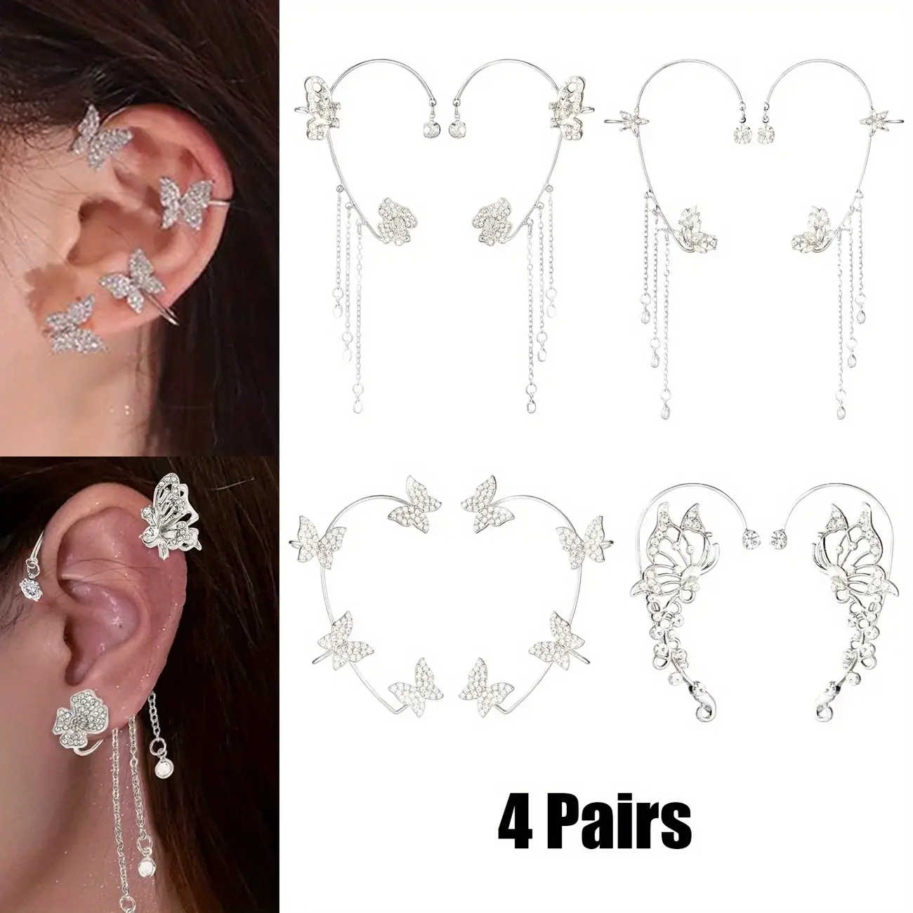 4 Pairs Sparkling Butterfly Ear Cuffs for Women No Piercing, Rhinestone Butterfly Earrings Set, Faux Crystals Elf Ear Clip, Wrap Around Earmuffs for Jewelry Gifts, Wedding, Party, Everyday Accessories errings