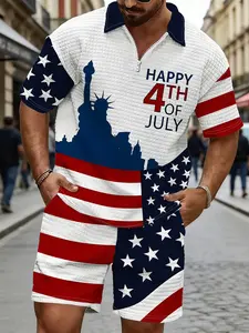 Men's July 4th Independence Day Polo Set, Liberty Statue Star Spangled Banner Print, American Patriotic Summer Casual Wear