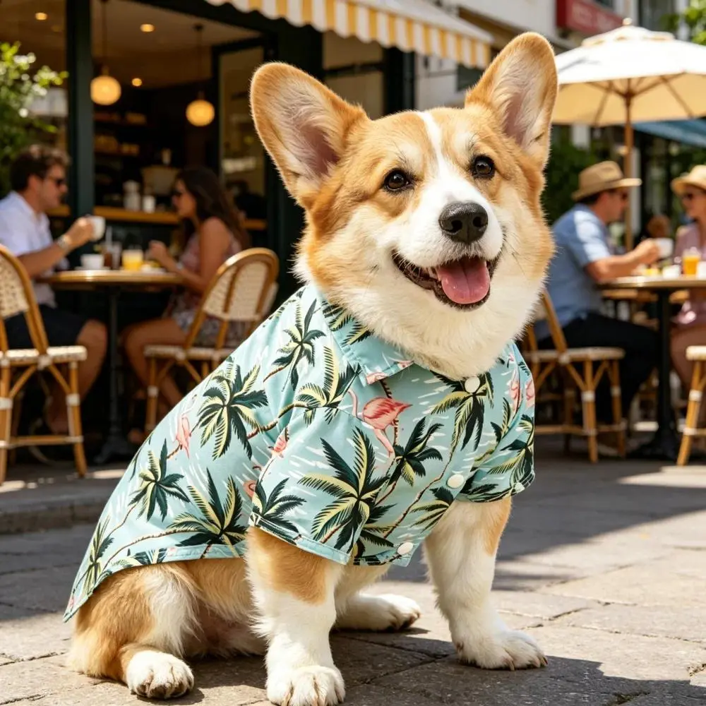 Pet Short-Sleeve Hawaiian Baseball Shirt - 1pc Medium Size Leaf Print All-Seasons Shirts for Cats & Dogs, Pet Short Sleeve Tops
