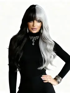 Synthetic 24 Inch Long Curly Black And White Wig Strap And Bangs Wavy Wigs For Women's Daily Life Wig Music Christmas Wig Christmas Party Role-Playing Wig