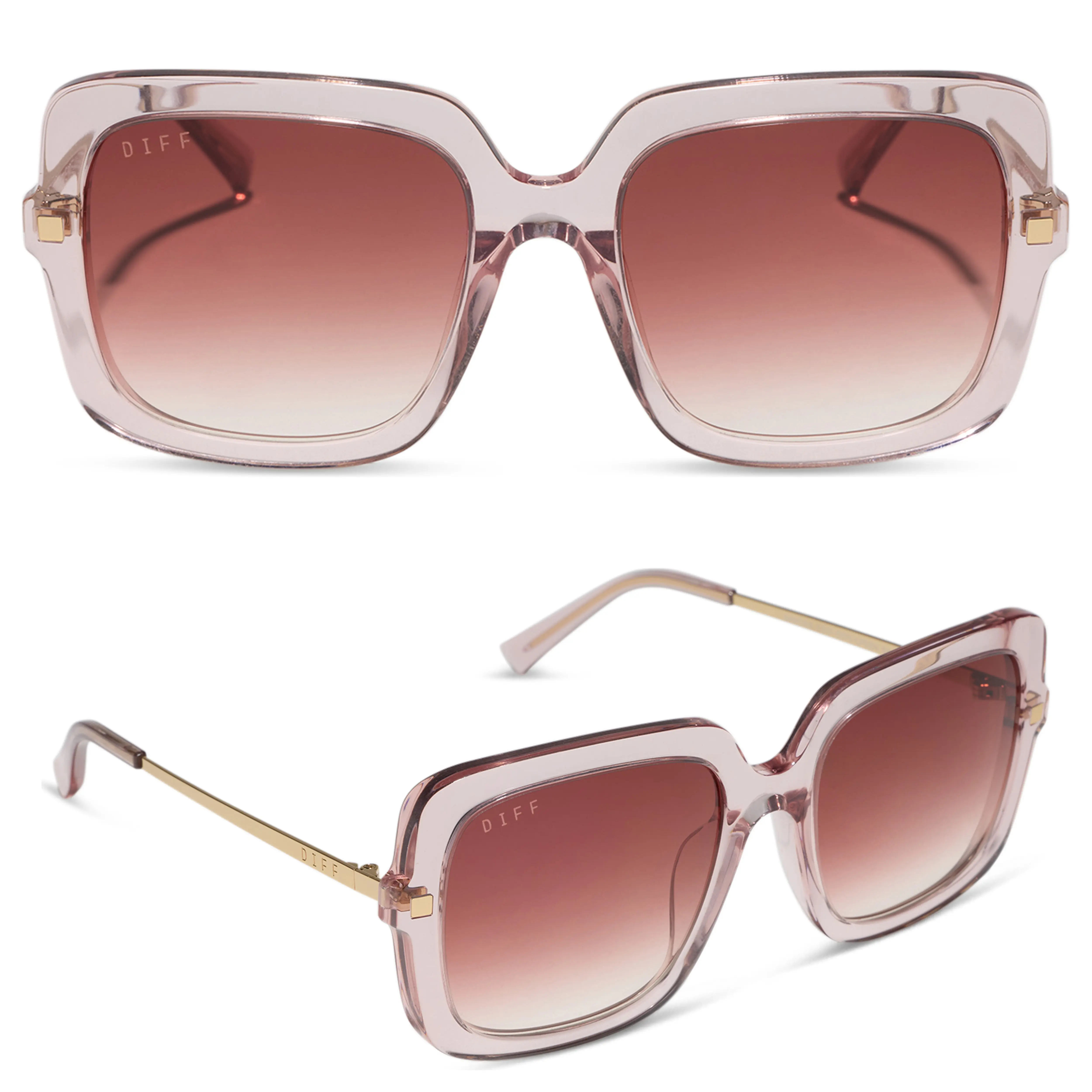 DIFF Sandra Oversized Square Sunglasses for Women, Light Pink Crystal + Dusk Gradient