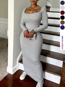 Plus Size Solid Color Long Sleeve Square Neck Fitted Bodycon Dress, Plus Casual Chic Fashion Long Dress for Daily Outdoor Wear, Women Plus Clothing for Spring Fall