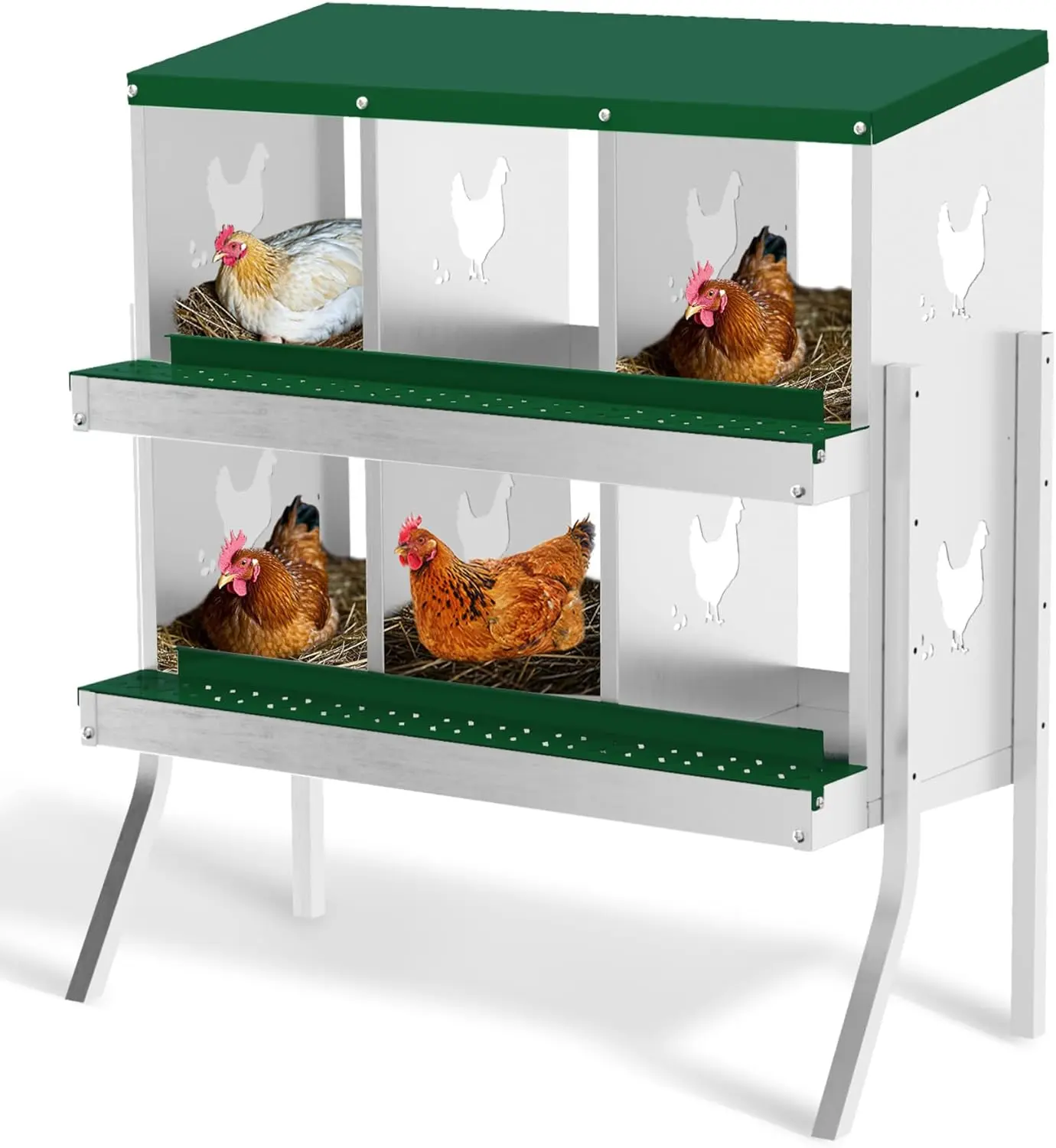 Galvanized Steel Chicken Coop Enclosure Poultry Cage with 6 Holes, 0.7mm Sides & Roof, Stand, Legs, Perch, Roll-Away Egg Tray, Nesting Boxes, Wall-Mounted Design, Easy Installation, Fits 6-10 Hens, Boosts Higher Egg Production, Keeps Outdoor Spaces Tidy,