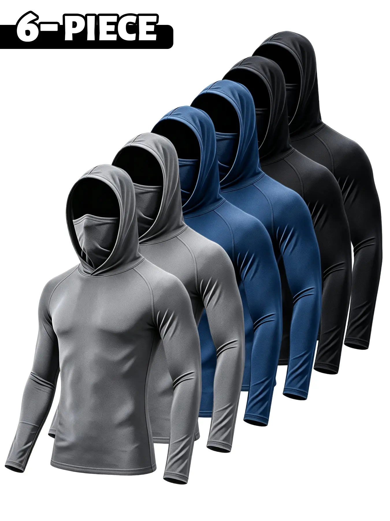 6/3 Pack Men's Sun Protection Long Sleeve Hooded Shirts, Stretch Quick Dry Compression Work Shirt with Built-in Face Mask & Neck Gaiter, UV Protection for Fishing Cycling Gardening Outdoor Work Sweatshirts Sports Slim Fit Polyester Menswear Breathable