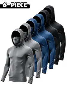 6/3 Pack Men's Sun Protection Long Sleeve Hooded Shirts, Stretch Quick Dry Compression Work Shirt with Built-in Face Mask & Neck Gaiter, UV Protection for Fishing Cycling Gardening Outdoor Work Sweatshirts Sports Slim Fit Polyester Menswear Breathable